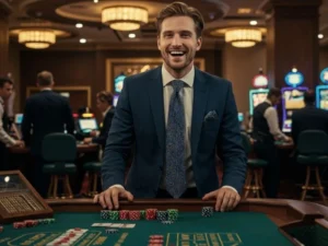 Happy man celebrating a big poker win at an online casino PayPal Philippines platform