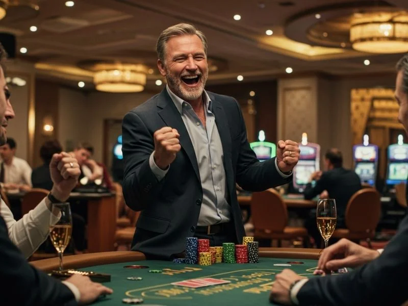 Man celebrating a big poker win in an online casino PayPal Philippines setting