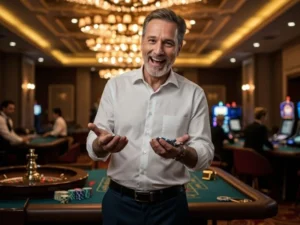 Joyful man holding casino chips after winning in an online casino Philippines PayPal game