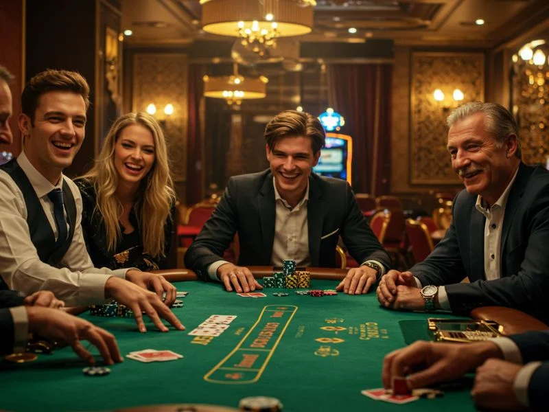 Joyful friends playing poker together at Philucky online casino