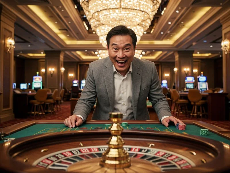 Smiling man playing at a roulette table in Philucky online casino