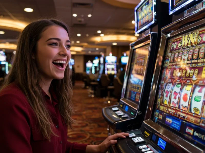 Smiling woman enjoying slot machine play at Philucky online casino