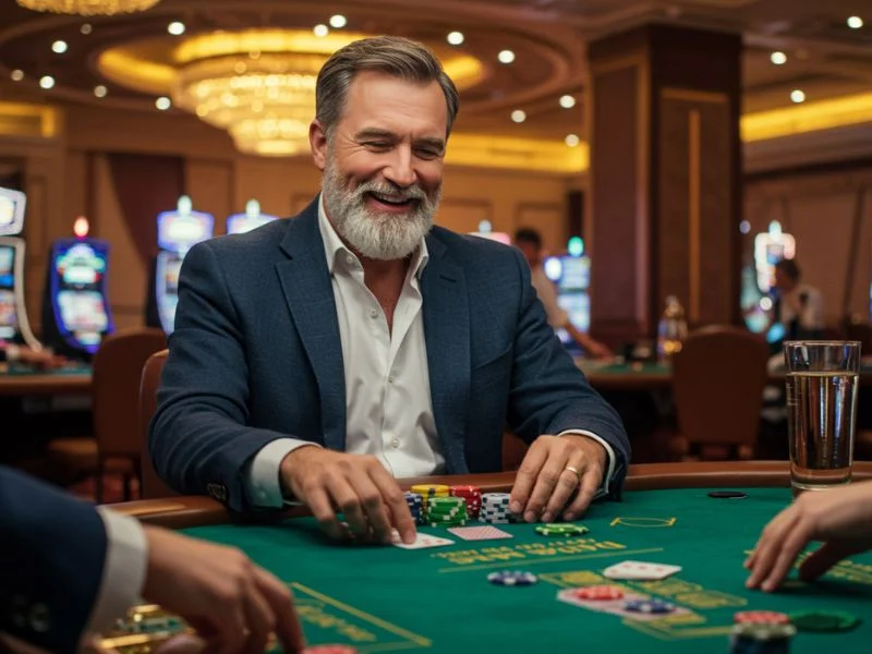 Happy man placing a poker bet after successful pinasbet online casino login