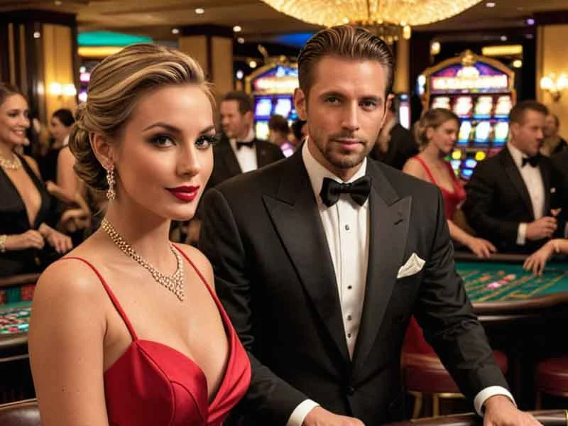 Elegant couple enjoying casino promotions at ApexGaming88