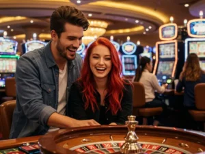 Happy couple playing roulette on RivalryPlay online casino platform
