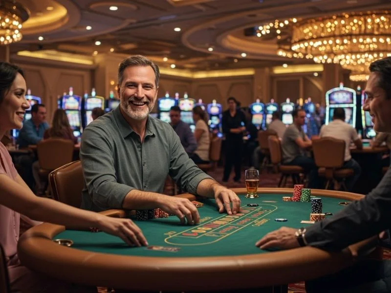 Joyful person playing poker with friends at a table in the top 10 highest win rate online casino