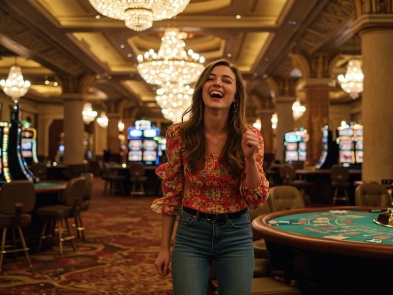 Laughing player enjoying games on the casino floor, representing the top 10 highest win rate online casino experience