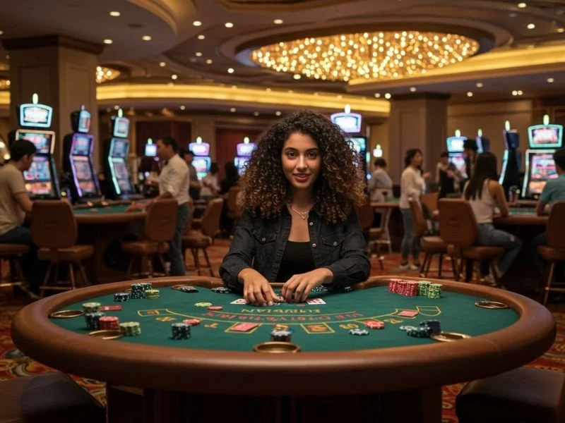 Smiling poker player enjoying a winning moment in a casino for top 10 highest win rate online casino