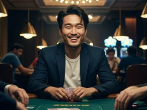 Man smiling confidently at a poker table after yy777 casino login philippines