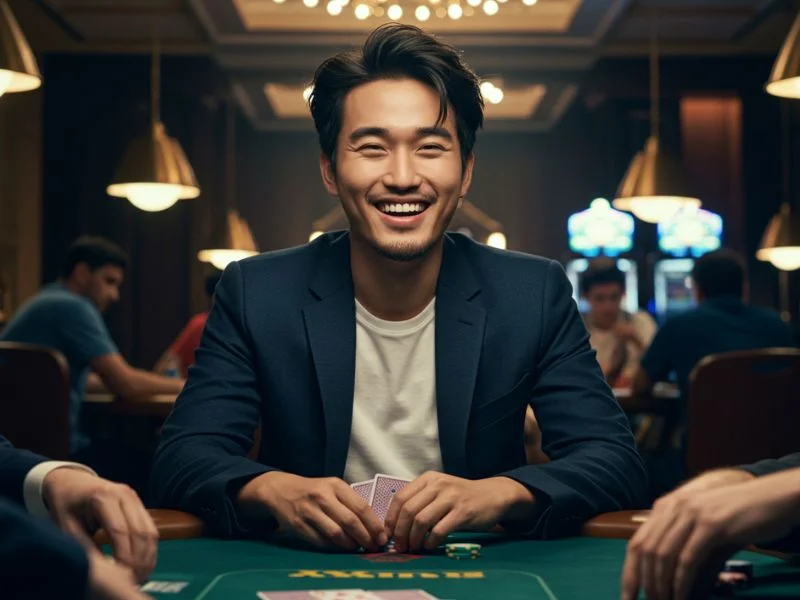 Man smiling confidently at a poker table after yy777 casino login philippines