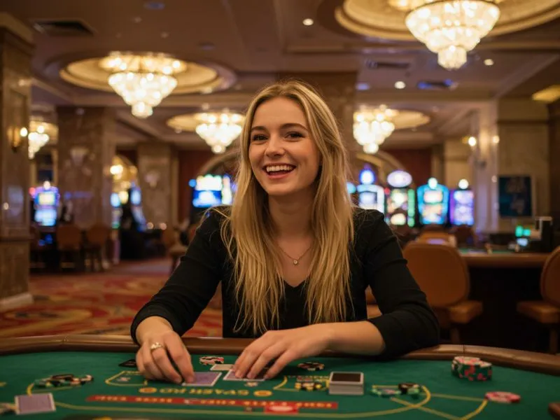 Woman grinning while playing poker at a casino table, enjoying her win at 711 Bet Online Casino.