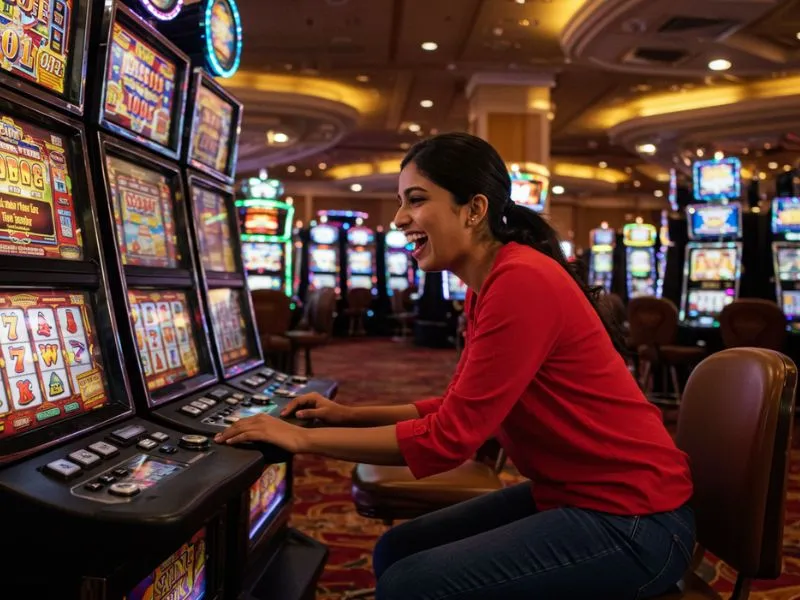 Woman laughing and enjoying a slot machine game at 711 Bet Online Casino.