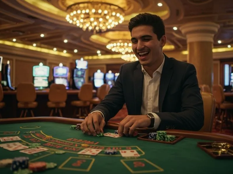 Man celebrating big baccarat win at 8k8 online casino