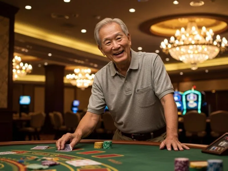 Man smiling while holding poker cards at a casino table for 8k8 online gaming.