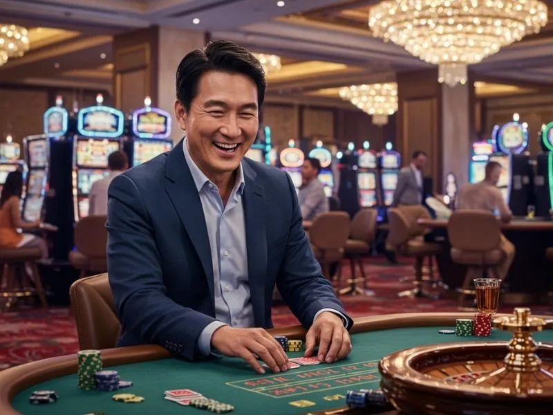 Man enjoying casino table games at Aliante Casino Hotel Gaming, highlighting the lively atmosphere and exciting gaming experience.