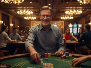 Man smiling while playing poker at Aliante Casino Hotel Gaming table.