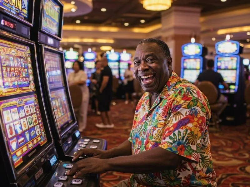 Man smiling after winning on a slot machine at Aliante Casino Hotel Gaming.