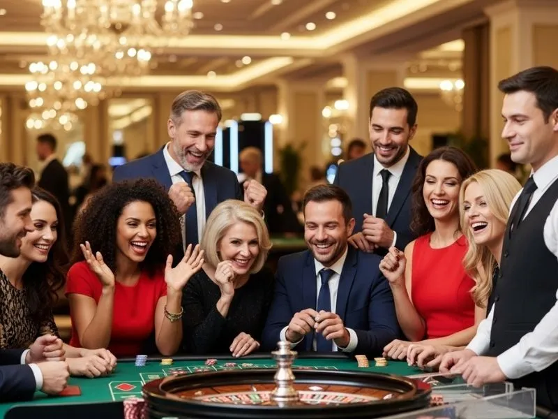 Friends smiling and playing at a roulette table inside Apex 8 Casino.