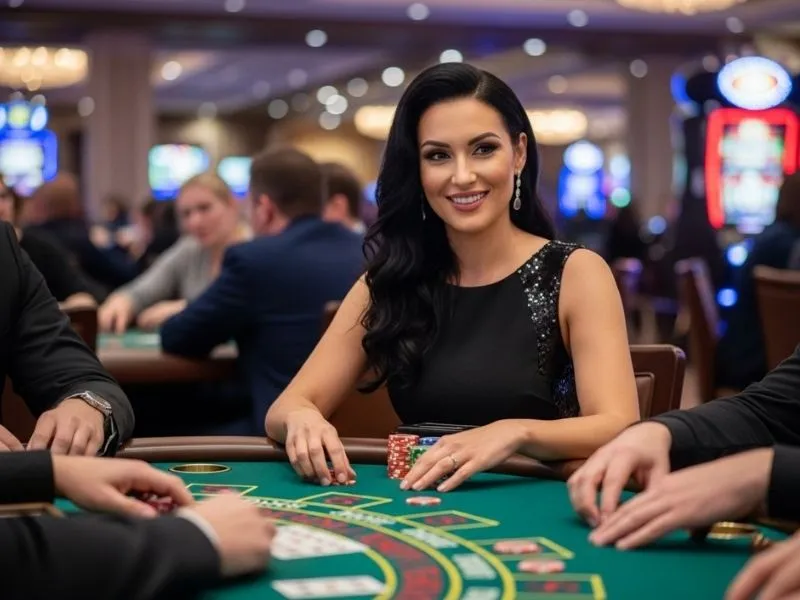 Lady smiling joyfully after winning a baccarat round at Apex 8 Casino