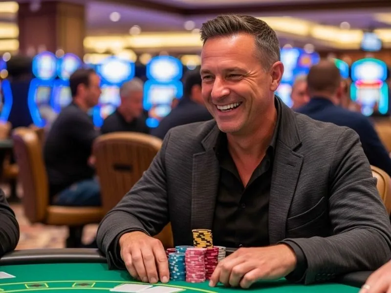 Man celebrating a big jackpot win at Apex 8 Casino online.