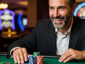 Man laughing with a full stack of poker chips at Apex 8 Casino table.