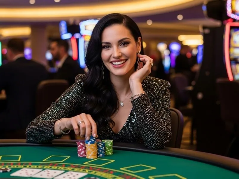 A happy woman smiling with joy after winning in a physical casino, representing the excitement and fun atmosphere of Bay888 Casino.