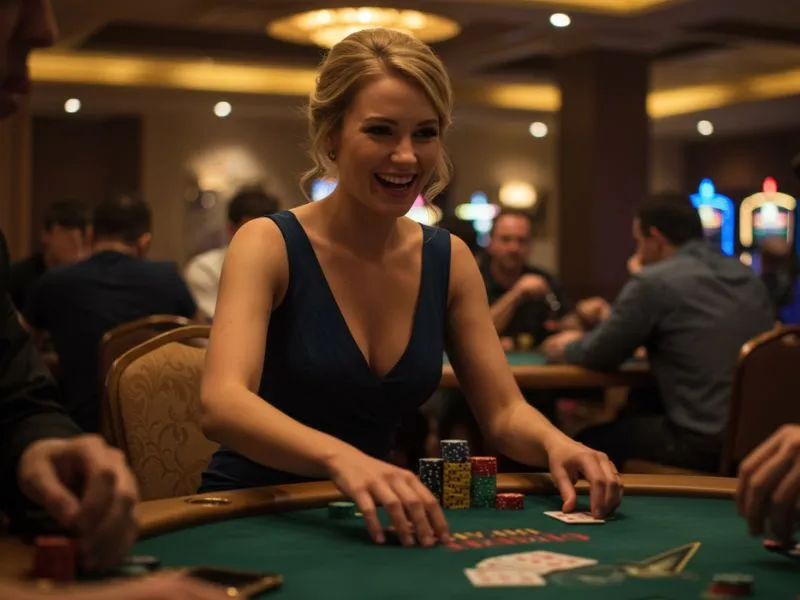 Young lady enjoying a poker game at BetKing online casino, smiling and focused on her cards.