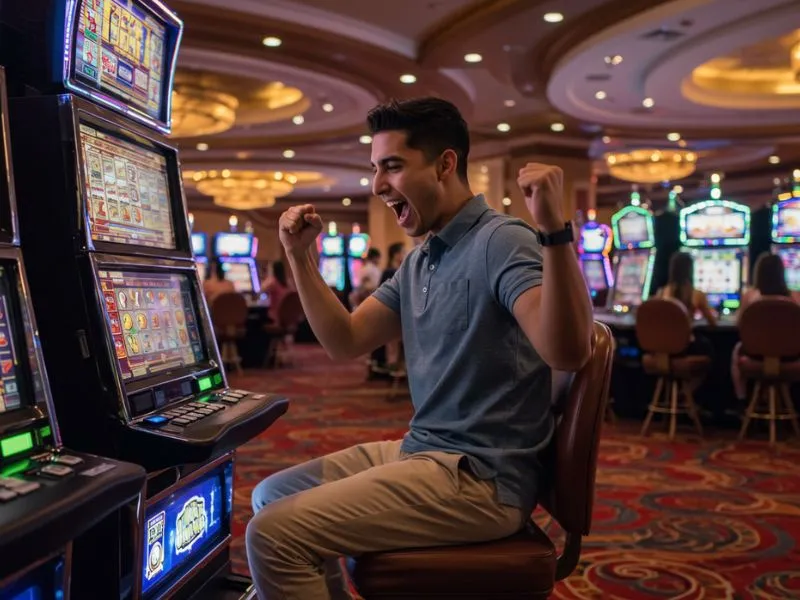 Young man celebrating a big win on a slot machine at BetKing online casino