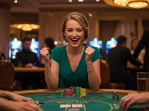 Young woman celebrating a poker win at BetKing online casino with excitement and joy