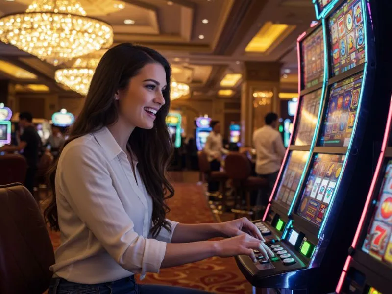 Young woman enjoying a slot machine at BetKing Online Casino, smiling and having fun while playing.