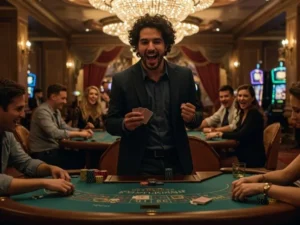 Friends laughing and playing baccarat together at the Bicycle Casino games table.