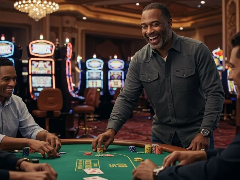 Friends enjoying bicycle casino games while playing poker and celebrating a big win at the casino table.