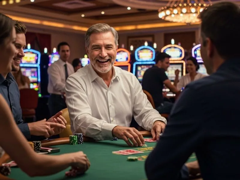A smiling man enjoying a round of poker at the Bicycle Casino Games table.