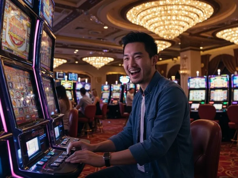 Man laughing while playing slot machine at Bicycle Casino Games