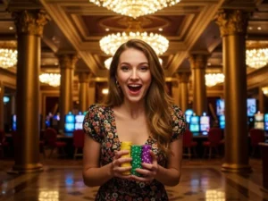 Happy woman holding a stack of chips while learning about casino chips color value in Philippines