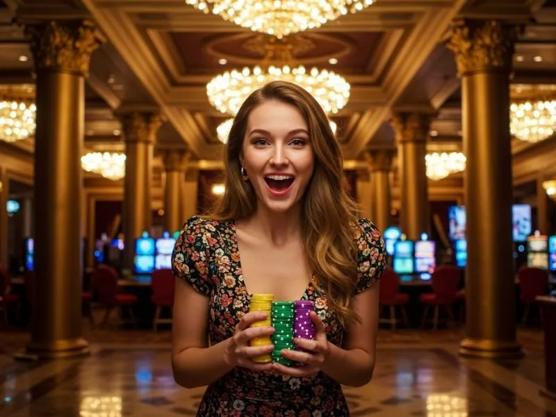 Happy woman holding a stack of chips while learning about casino chips color value in Philippines