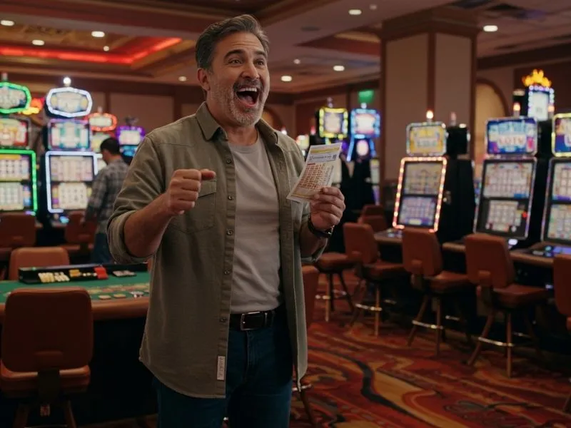 Joyful man holding a casino ticket while learning about casino chips color value in Philippines