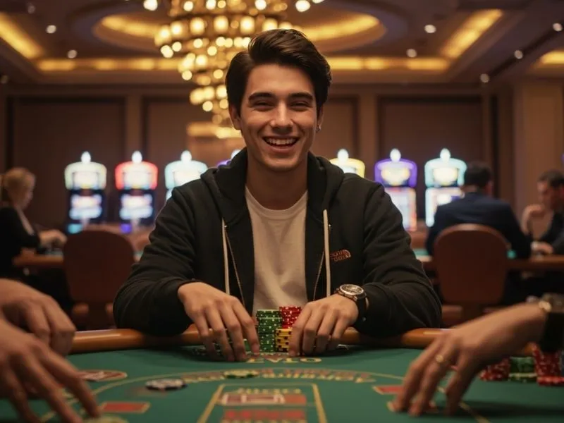 Poker player grinning proudly with a big stack showing casino chips color value in Philippines