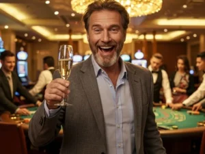 Smiling casino player holding a drink, reflecting the lively atmosphere related to casino dealer salary Philippines