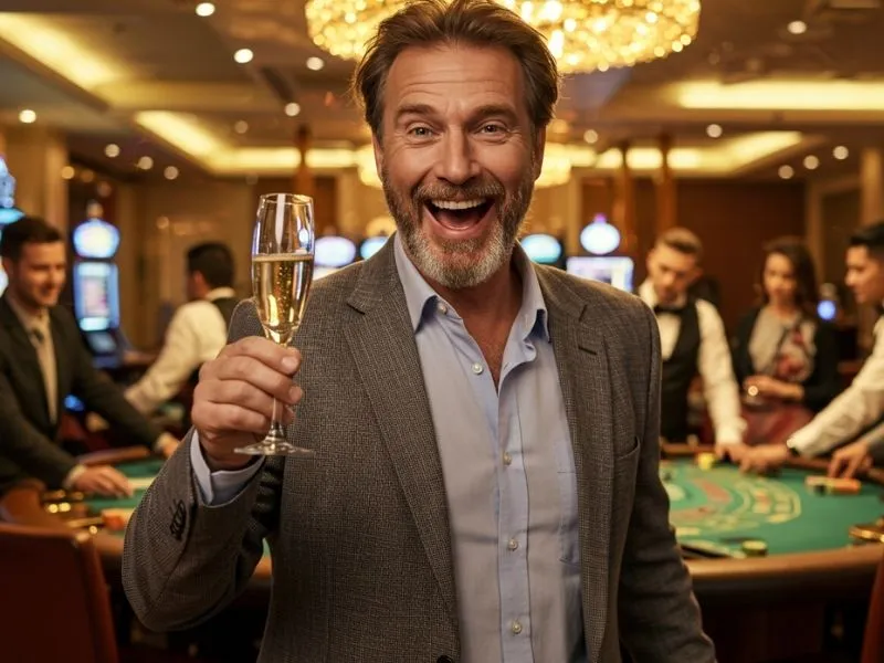 Smiling casino player holding a drink, reflecting the lively atmosphere related to casino dealer salary Philippines