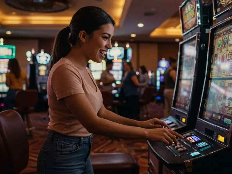 Excited slot player having fun in a lively casino atmosphere related to casino dealer salary Philippines