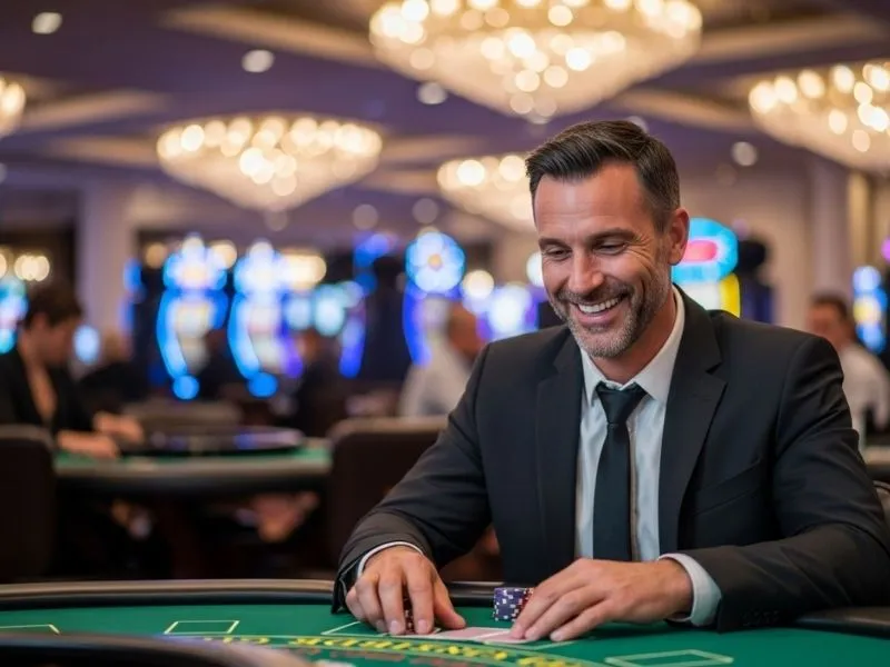Man enjoying a casino table game in a physical casino, representing a casino game icon.