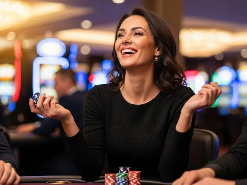 Casino game icon showing a woman happily smiling after winning a poker bet in a physical casino
