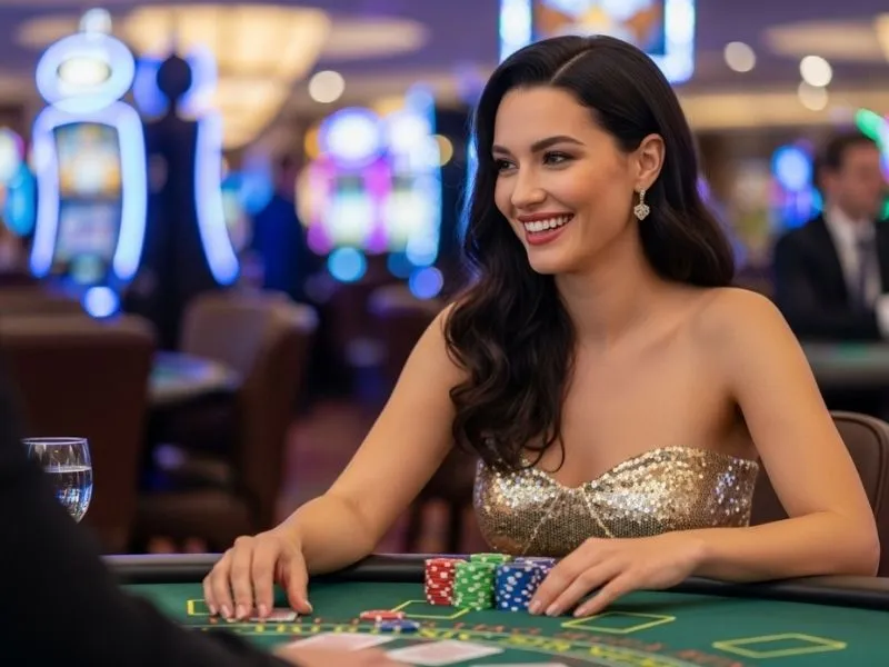 Casino game icon showing a woman smiling after winning at a physical poker table