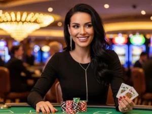 Woman smiling and holding a winning poker hand in a physical casino, representing a casino game icon.