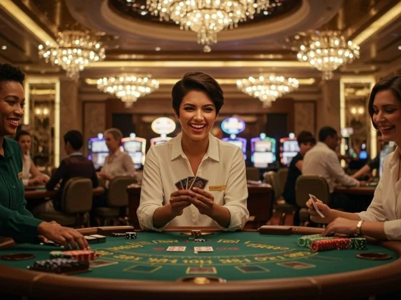 Friends celebrating a big baccarat win at a lively casino in Quezon City, Philippines.
