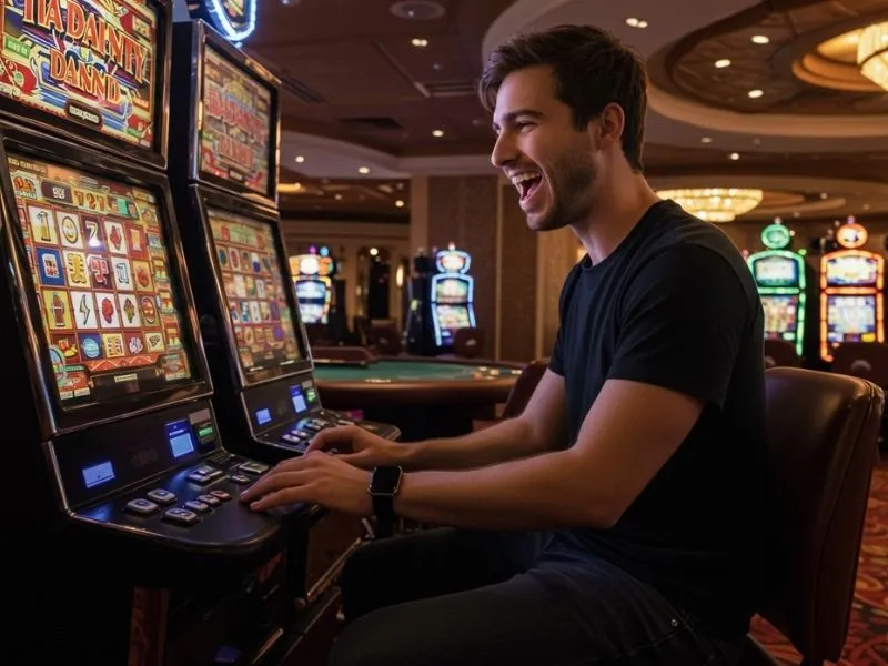 Man enjoying a slot machine inside a vibrant casino in Quezon City, Philippines.