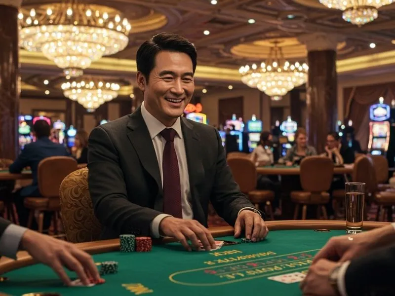 Man smiling while playing poker at a lively casino in Quezon City, Philippines.