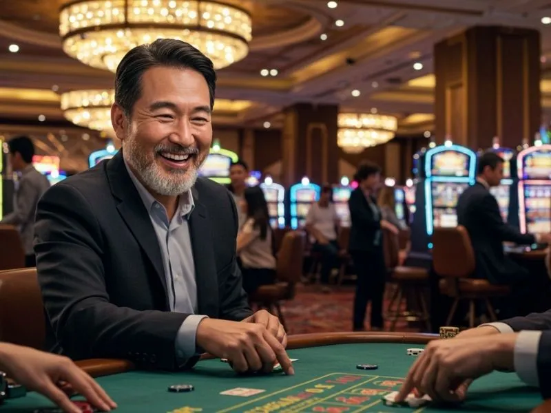 Happy player enjoying the Casino Plus Color Game at a poker table, celebrating a winning moment.