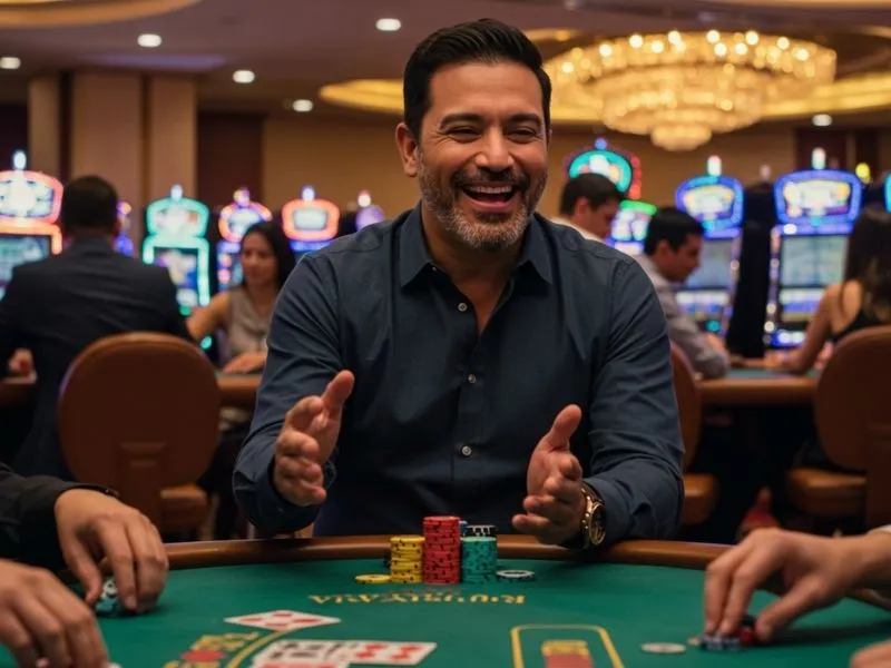 Man enjoying a poker game with colorful chips at Casino Plus Color Game table.